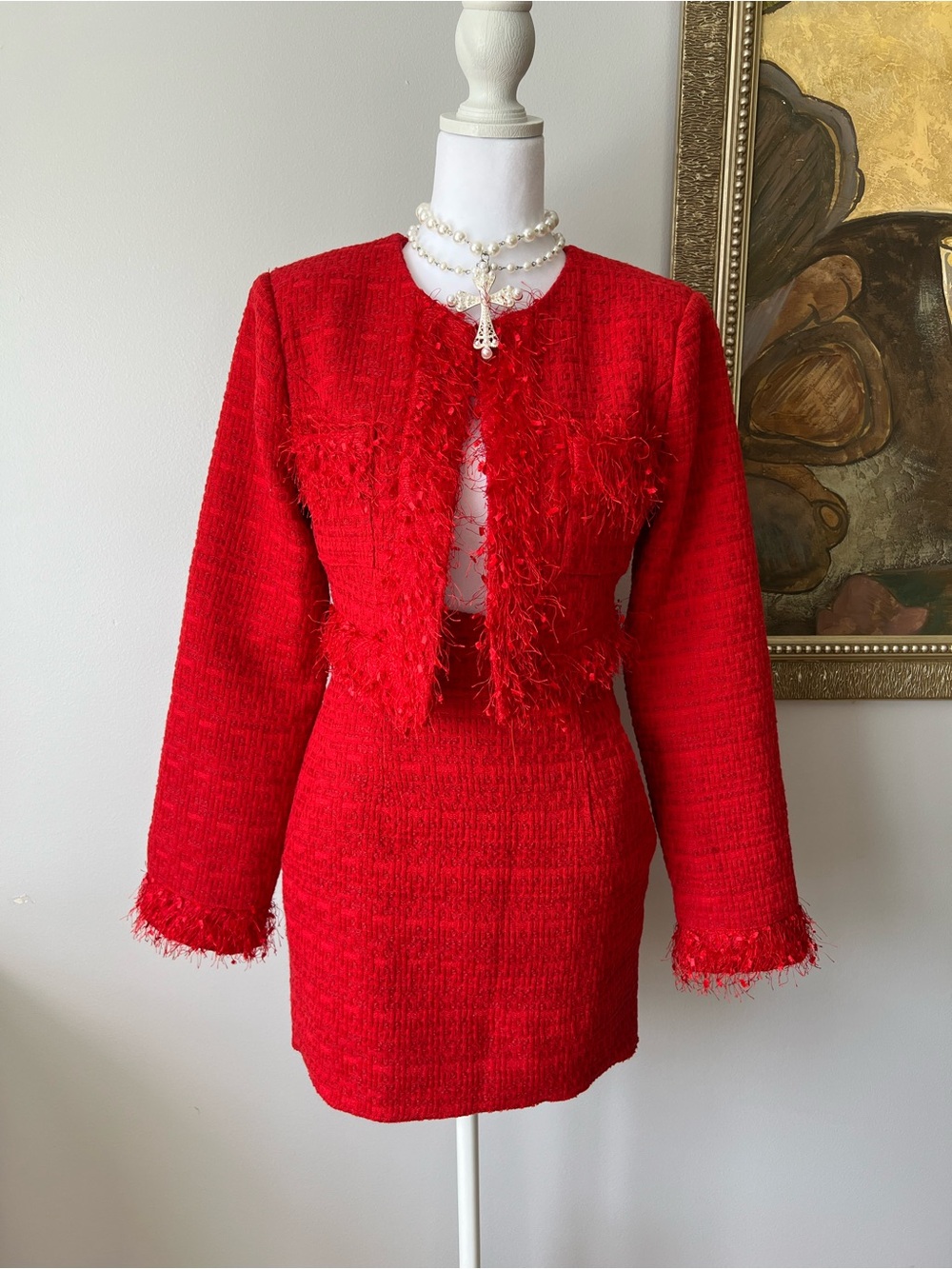 Endless Rose Red Feather Trim Tweed Crop Blazer & Mini Skirt Set Size Small $235 - Picture 16 of 16